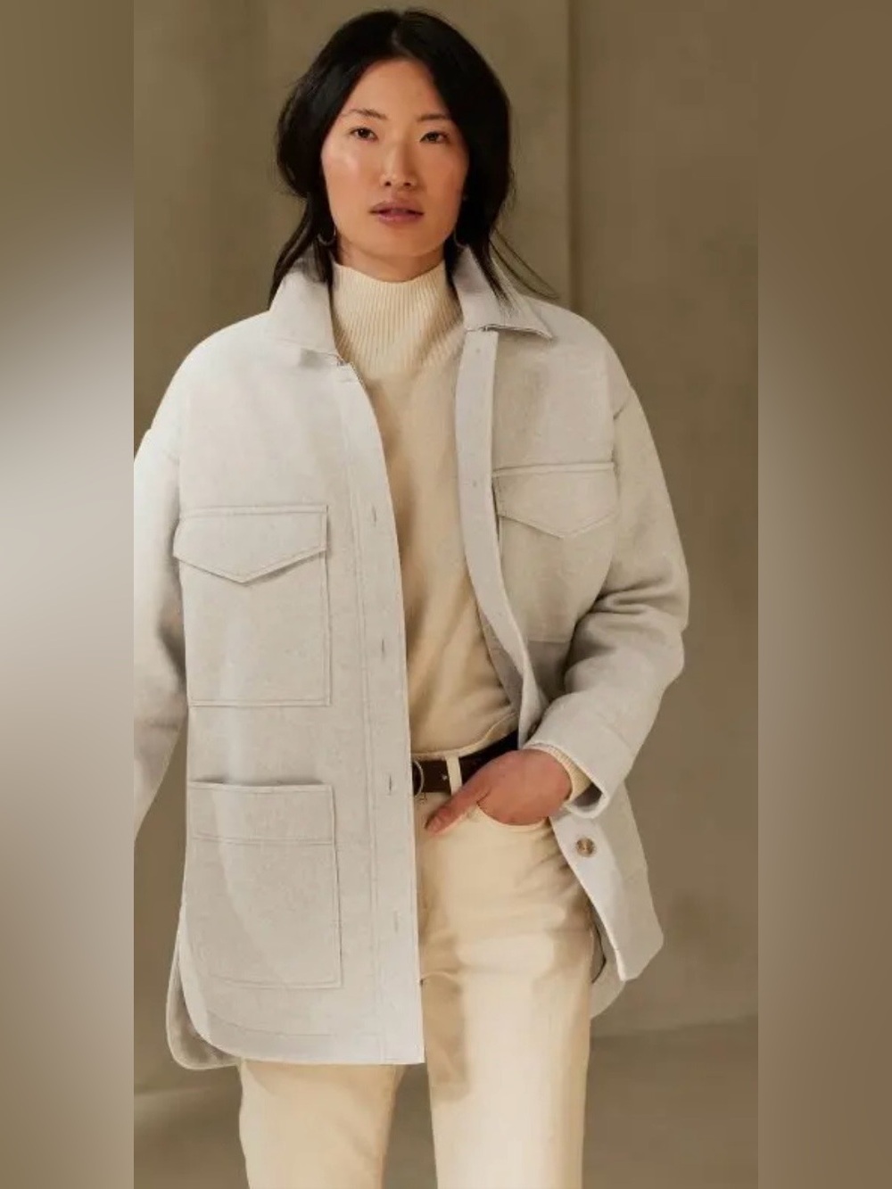 Minimalist Wool Blend Shacket Jacket in Light Cream banana republic